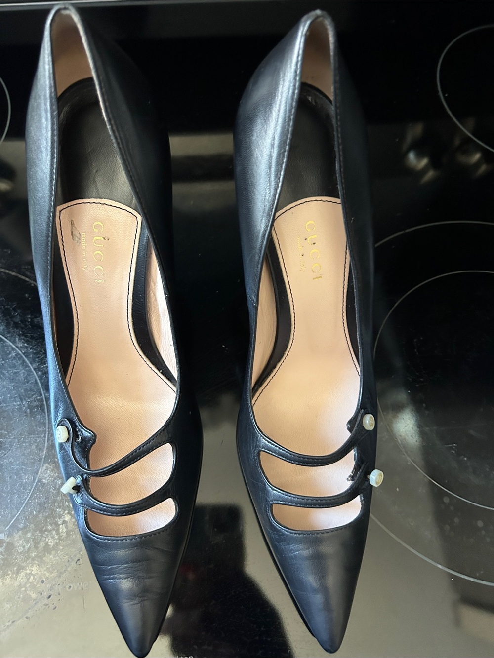 Gucci Black Pointed-Toe Triple-Strap Leather Pumps